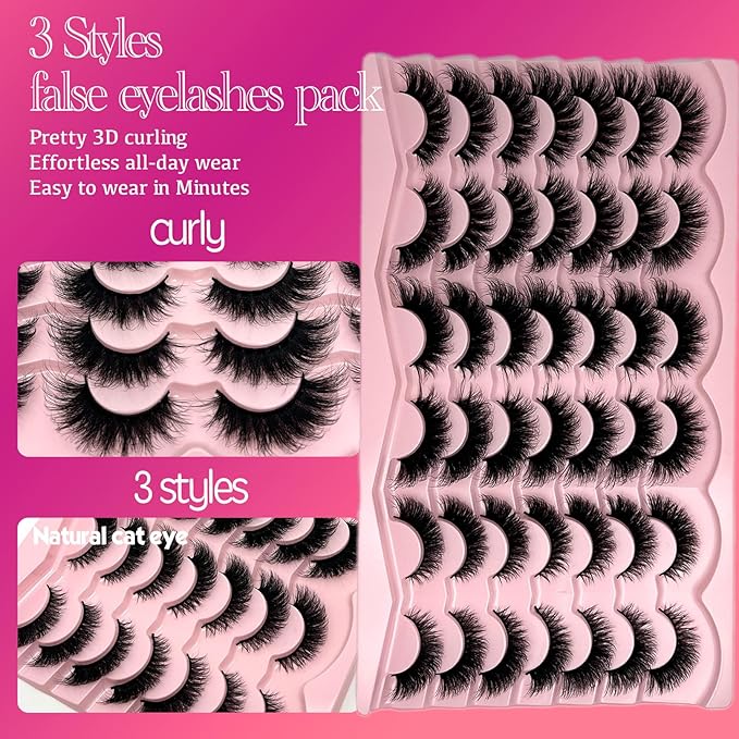 Mink Lashes Fluffy Natural Cat Eye Strip Lashes Pack Wispy C Curl 3D Cateye False Eyelashes Natural Look Faux Mink Eyelashes Bulk