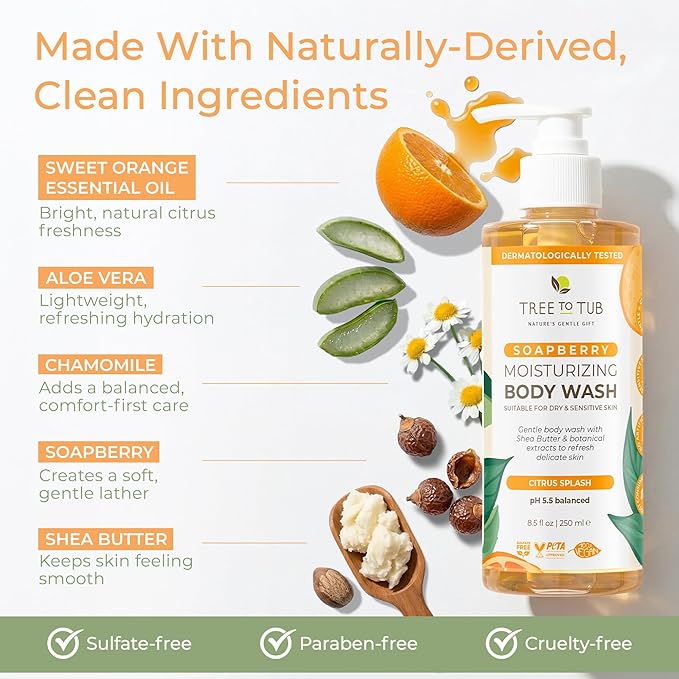 Tree To Tub Citrus Body Wash for Dry Skin & Sensitive Skin - pH Balanced Moisturizing Body Wash, Hydrating Sulfate Free Body Soap for Women & Men w/Organic Shea Butter, Aloe Vera, Natural Soapberry