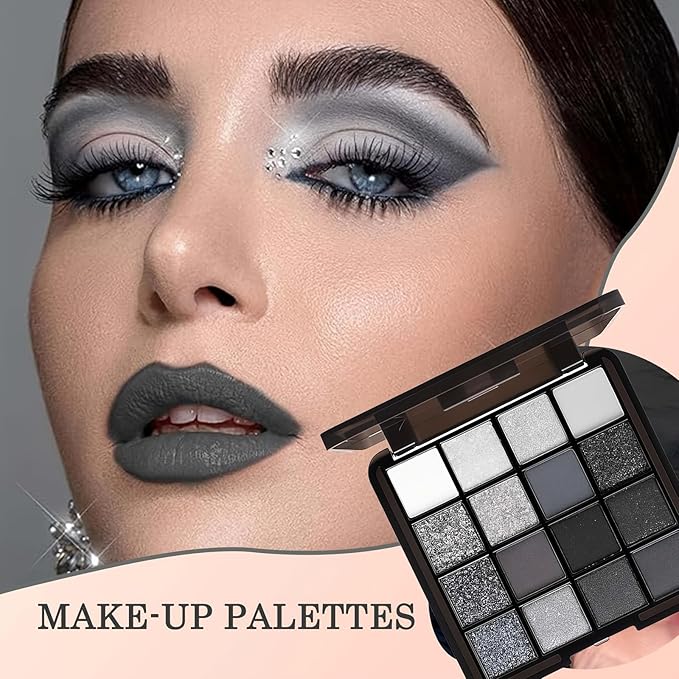 16 Color Smokey Eyeshadow Palette - Highly Pigmented Matte & Glitter Shades, Long-Lasting, Waterproof & Blendable, Black Silver Gray Eyeshadow Set for Sultry Glam (16 Color Reversal Star Smokey)