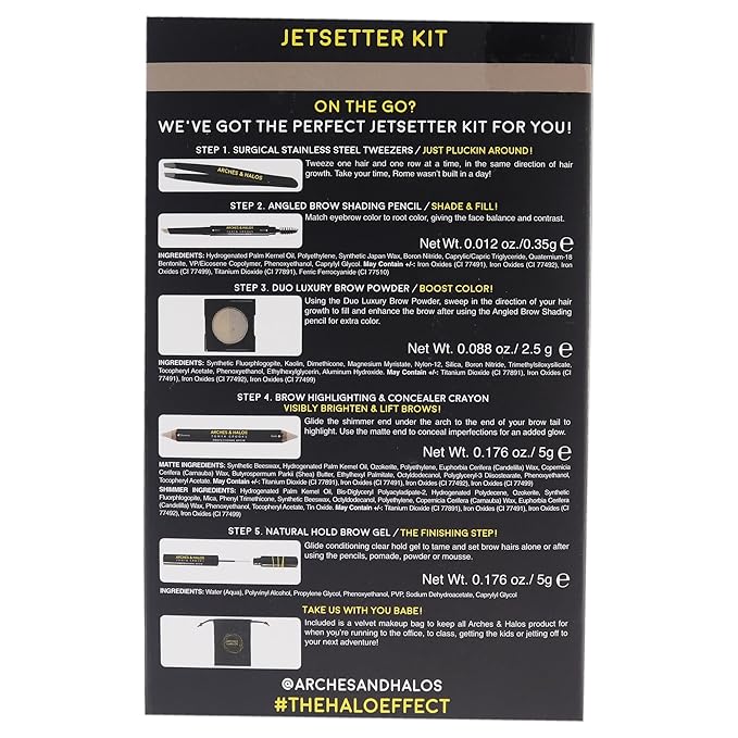 Arches & Halos Jetsetter Kit - Travel Size Kit for Flawless Brow Shaping and Grooming On the Go - Includes Five Essential Eyebrow Care Tools - Professional Grade Formulas and Design - Light - 1 pc