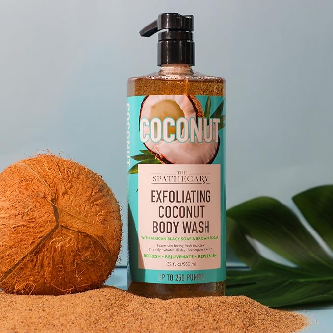 Exfoliating Coconut Body Wash, with African Black Soap and Brown Sugar to Refresh and Rejuvenate, 33 oz