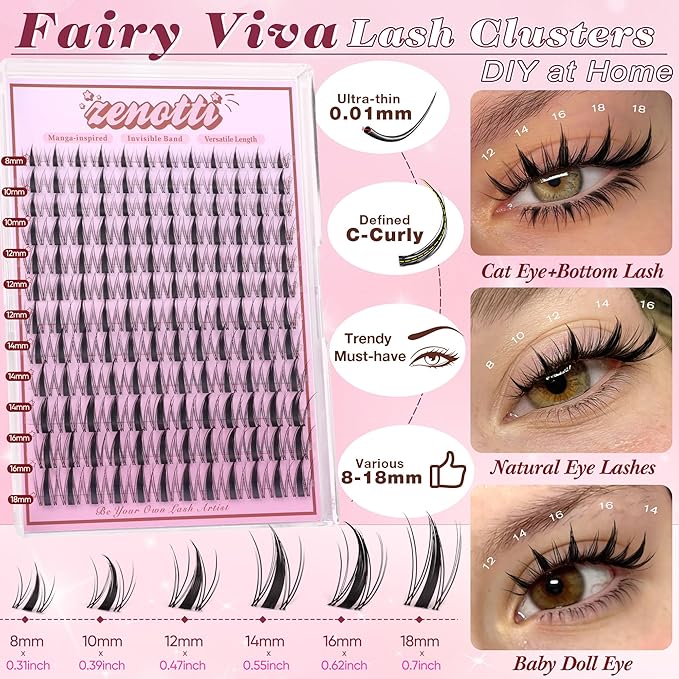 Fairy Lash Clusters Manga Eyelash Clusters Natural Wispy Cluster Eyelash Extensions with Invisible Band Viva Spiky Individual Lashes DIY Salon Look Lash Extension at Home by zenotti (144pcs 8-18mm)