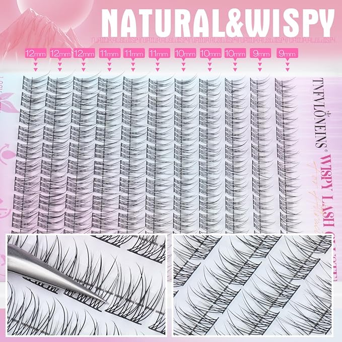 Wispy Lash Clusters Kit Natural Lash Extension Kit 9-12MM Cluster Eyelash Extensions Kit DIY Eyelash Extension Kit Individual Lashes Clusters Eyelash Extension with Lash Remover by TNFVLONEINS