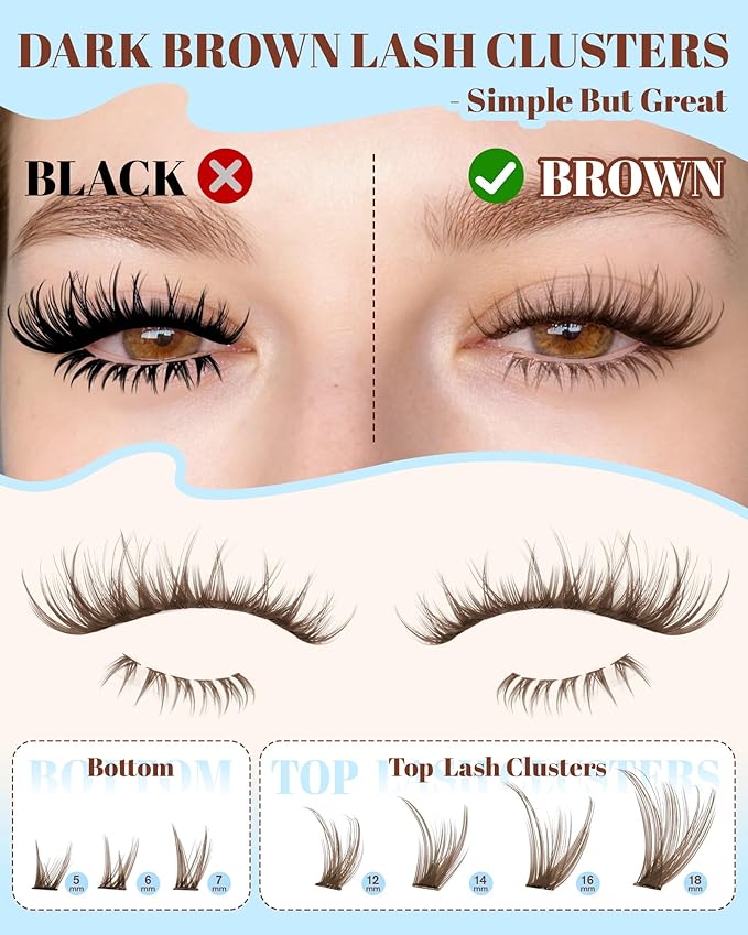 Zegaine Brown Lash Clusters Kit Dark Brown Lashes With Bottom Eyelash Clusters 300Pcs Natural Brown Lash Extensions Wispy Lash Clusters Kit With Lash Bond&Seal, Lash Tweezers 10-16MM
