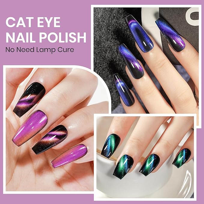 9D Magnetic Cat Eye Nail Polish Set, Cateye Nail Polish Non Gel with Magnet, Multi-Color Holographic Glitter Quick Dry Nail Lacquer High Glossy DIY Salon Gift for Women Girl