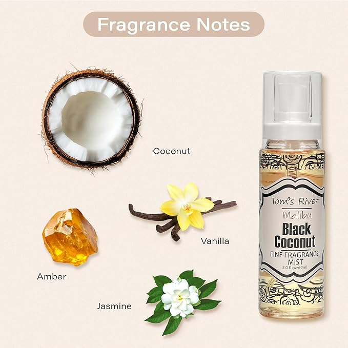 Tom's River Fine Fragrance Body & Hair Mist | Black Coconut Scented (Pack of 3) | For Daily Use | Travel-Friendly | 2 fl oz/ 60ml per Bottle (Pack of 3, Black Coconut)