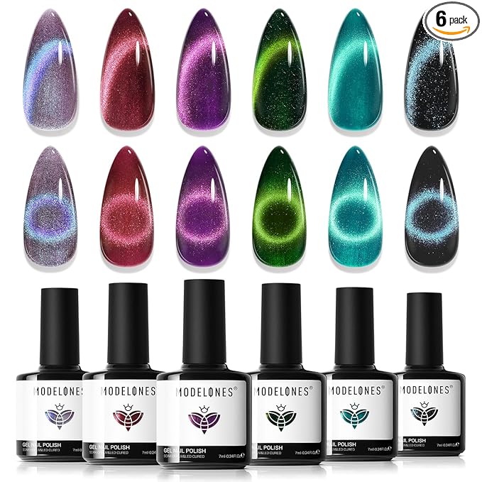 modelones Cat Eye Gel Nail Polish, 6 Colors Glitter Red Green Purple Blue Gel Polish Set with Magnet Sparkle Galaxy Series Nail Gel Polish Kit Soak Off Led Nail Art Manicure Salon DIY Gifts
