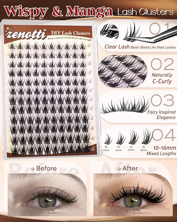 Wispy Lash Clusters Natural Manga Lash Clusters Anime Cluster Eyelash Extensions Fairy Spiky Individual Lashes C Curly Wet Look Lash Extensions with Invisible Band Beginner Friendly 8-16MM by zenotti
