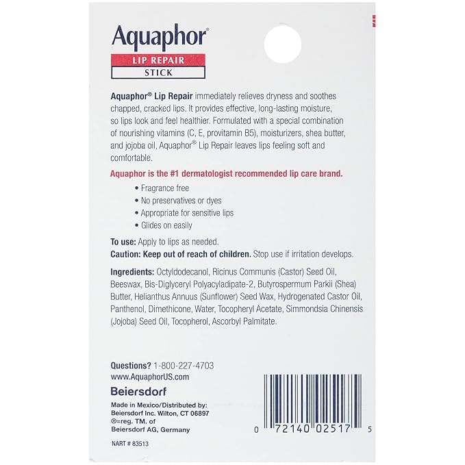 Aquaphor Lip Repair Stick with Shea Butter, Moisturizing Lip Balms, Fragrance Free and Paraben Free, Mothers Day Gifts, 0.17 Oz Stick, Pack of 4