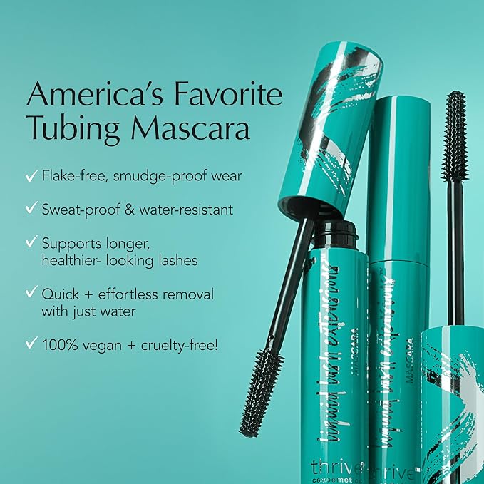 Thrive Causemetics Liquid Lash Extensions Mascara, Mother's Day Makeup Gift Set, Tubing Mascara Lengthening, Volumizing, Smudge Proof, No Clumping or Flaking, Cruelty Free, Crystal (Brown Black)