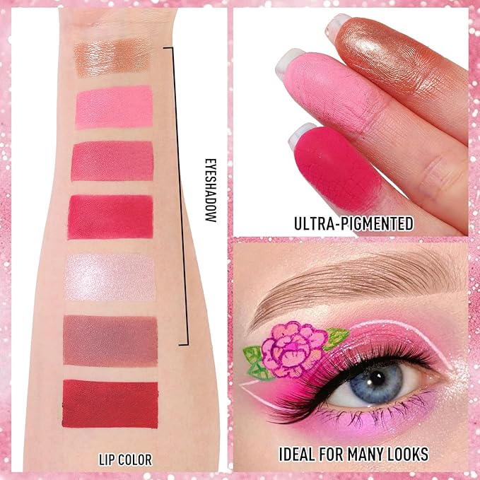 BOBISUKA Eyeshadow + Matte Lipstick Makeup Kit, 6 Colors Pink Rose Plum Shimmer Matte Gold Metallic Eye Shadow Pallet with Red Liquid Lipstick Makeup Set for Halloween, Daily,Parties, Concert