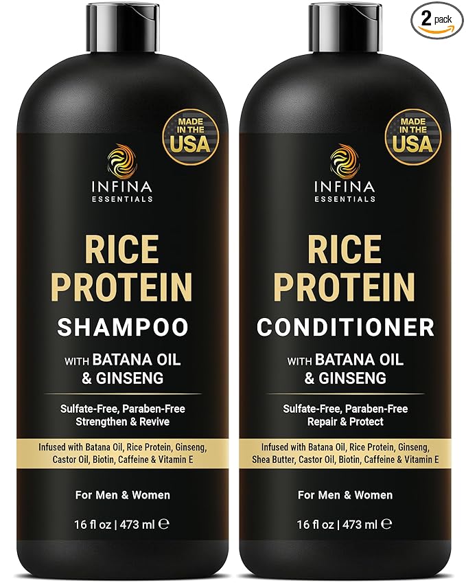 INFINA ESSENTIALS Rice Water Shampoo and Conditioner Set | 16 fl oz Each | with Batana Oil & Ginseng | Rice Shampoo for Repairing Damaged Hair | Strengthening & Thickening Formula | Made in USA