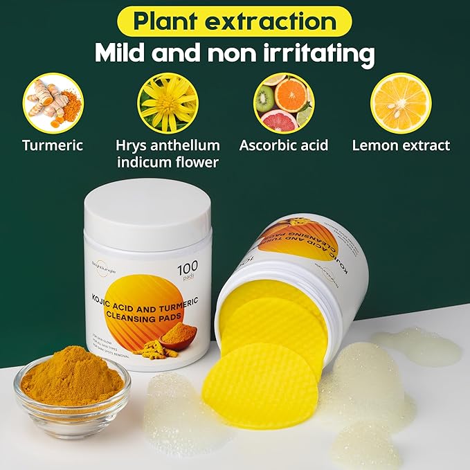 Kojic Acid and Turmeric Cleansing Pads - 100 Pads | Enriched with Ginger Root Oil & Amino Acids | for Face & Body - 100pcs