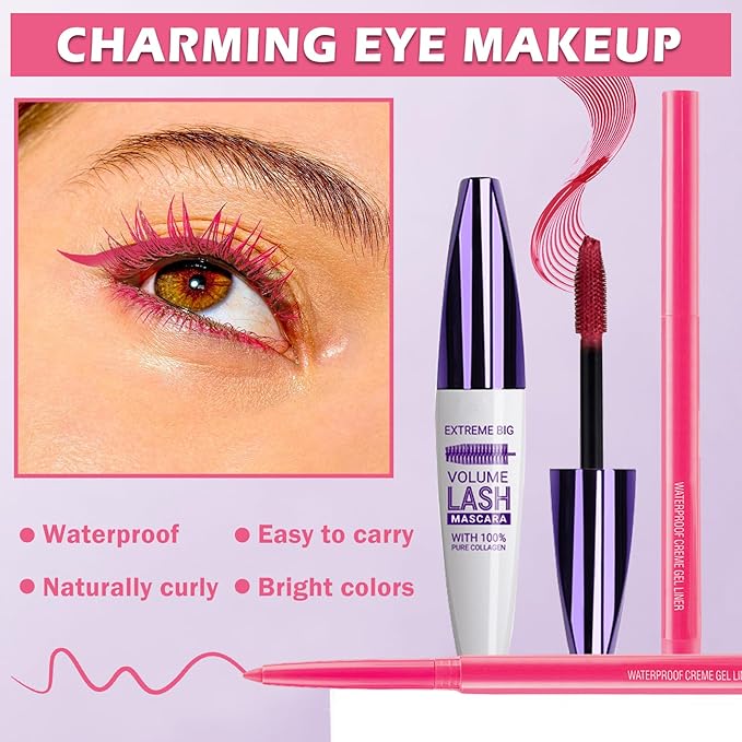 Pink Mascara and Eyeliner Set,Natural Curling Pink Mascara for Eyelashes,Volumizing Lengthening Rimel de Pestañas Waterproof,5D Colored Eye Makeup