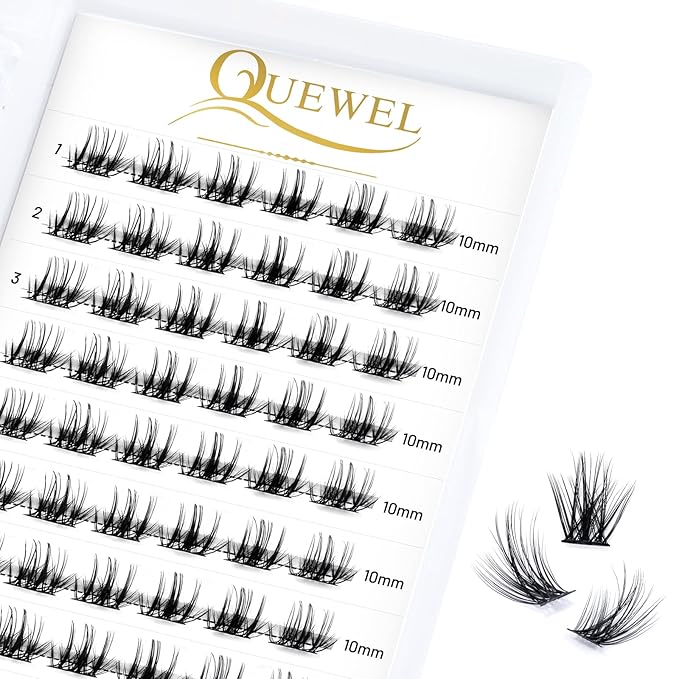 QUEWEL Lash Clusters 72 Pcs Wide Stem Individual Lashes C/D Curl 8-16mm Length DIY Lash Extension Soft False Eyelashes Wispy Cluster Lashes Easy to Create Natural Look At Home(Fluffy02-C-10mm)