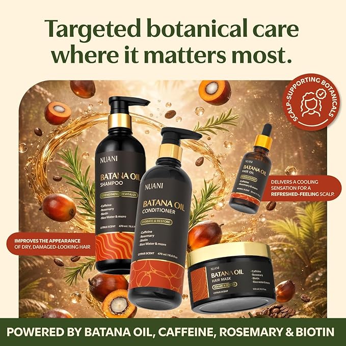 Batana Oil Shampoo and Conditioner Set (16 fl oz / 470 ml) with Rosemary & Caffeine | Includes Deep Mask, Hair Oil & Silicone Scalp Massager | Sulfate-Free, Paraben-Free for Fuller-Looking Hair.