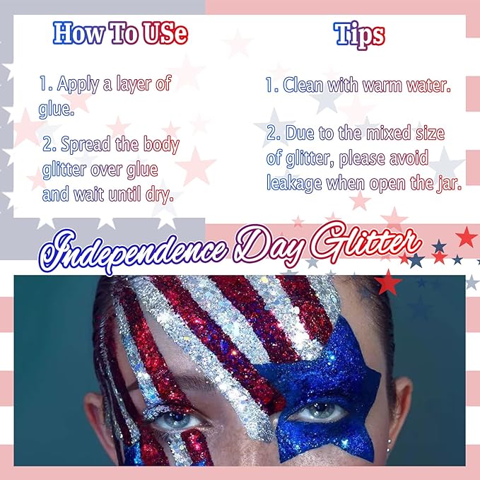 Laza Independence Day Body Glitter, 2 Jars Olympic Red Blue White Chunky Sequins with Glue Women 4th of July Face Paint Festival Rave Outfit Hair Accessories Party Costumes-Independence Parade