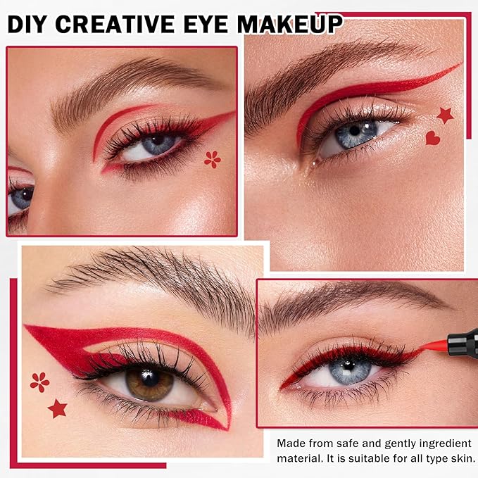 4PCS Red Eyeliner Stamp,Double-headed Red Liquid Eyeliner Pencil for Eye Makeup,Long-lasting Delineador de Ojos Contra el Agua (Star,Triangle,Flower,Heart Eyeliner Stamp)
