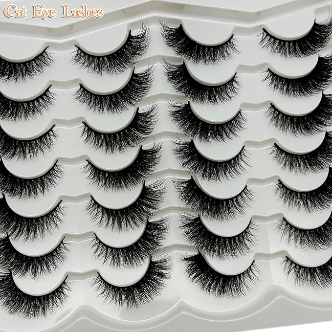 Cat Eye Lashes Natural Look Wispy Short Fluffy Fox Eye Lashes Strip Soft C Curl Natural Faux Mink Cateye Lash Strips Fake Eyelashes Bulk 14 Pairs