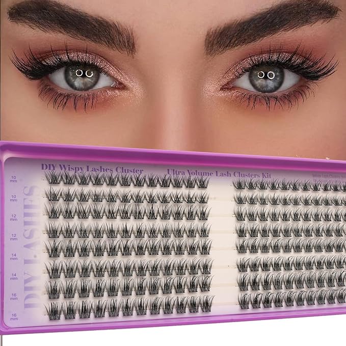 Wispy Lash Clusters Kit, Natural Lash Cluster Eyelash Extensions 192 Pcs C Curl 10-16mm Individual Fluffy False Eyelashes Thin Band DIY Kit for Beginners at Home