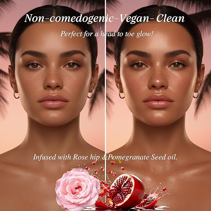 Sky Bliss Luxury Glaze Body Shimmer Oil + Serum – Pink-Gold Pearlescent Glow Oil with Jojoba & Argan Oil, Vitamin C & E – Glossy Dewy Finish for Radiant Skin – Dropper Applicator – 2 fl oz