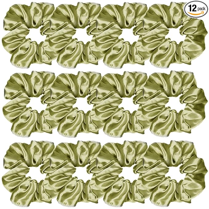12 Pcs Satin Silk Scrunchies Soft Ties Fashion Bands Hair Bow Ropes Elastic Bracelet Ponytail Holders Hair Accessories for Women and Girls (4.5 Inch, Olive Green)