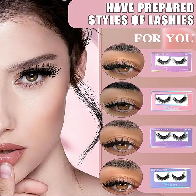 Mink Lashes MIX Fluffy 16mm Stirps Lash Volume False Eyelashes 27Pairs 8D Cat Eye Lashes D Curl Dramatic Soft Eyelash Long Lash Strips Lashes Pack That Look Like Extensions