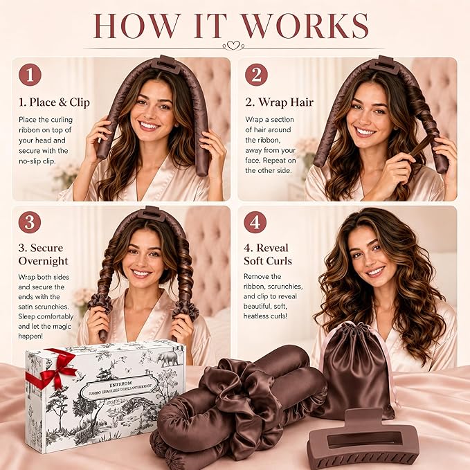 EnteromMuse Heatless Curls Overnight Satin Curling Set No Heat Hair Curler for Long & Short Hair, Heatless Curling Rod&Rollers for Soft Bouncy Curls Complete Kit with Storage Bag(Brown, Original)