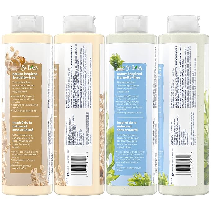 St. Ives Body Wash Variety 2-Pack, Soothing Oatmeal & Shea Butter + Exfoliating Sea Salt & Pacific Kelp, 100% Natural Extracts, Cruelty-Free, 22 Oz Ea