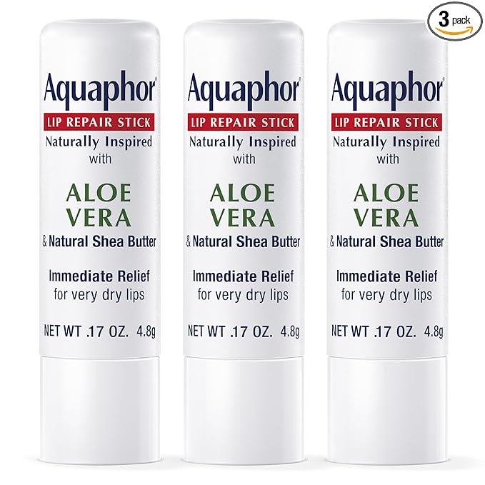 Aquaphor Naturally Inspired Lip Repair Stick with Aloe Vera and Natural Shea Butter, Hydrating Lip Balm Immediately Relieves Dryness and Soothes Chapped Lips, 0.17 Oz Stick, Pack of 3
