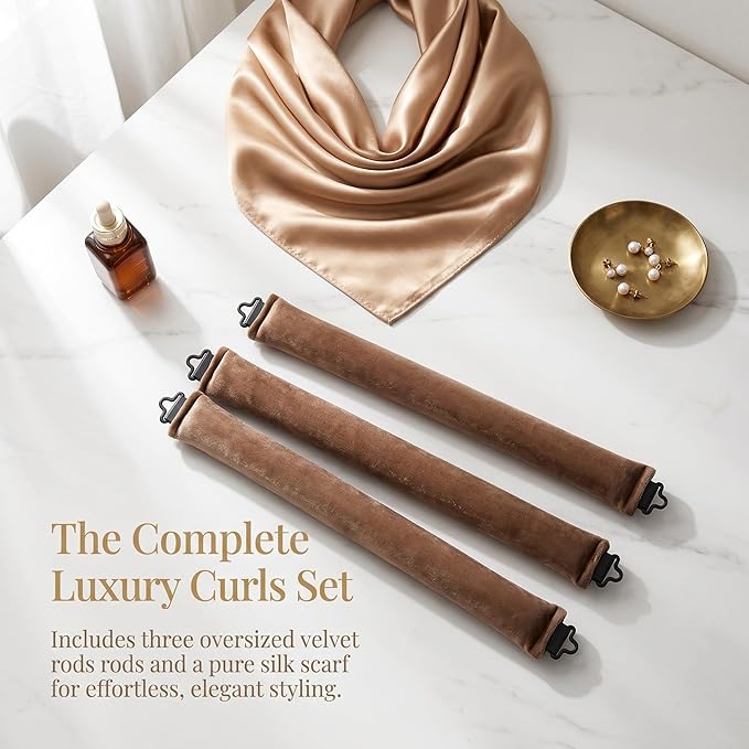Heatless Curls Overnight Set, Overnight Blowout Rods, 3Pcs Jumbo Satin Hair Rollers to Sleep In, No-Heat Flexi Rods for Long Thick Hair, Soft No Damage Curling Rods for All Hair Types (Khaki)