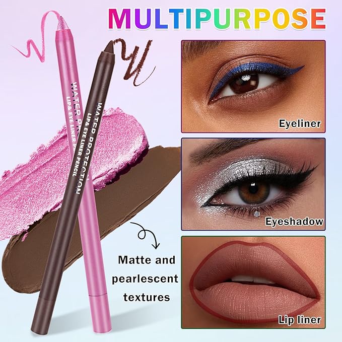 12PCS Colorful Eyeliner Pencils Set Black White Green Blue Brown Red Colored Gel Glitter Metallic Eyeliner Pencils Waterproof Long-Lasting Professional Eye Liner Makeup Kit