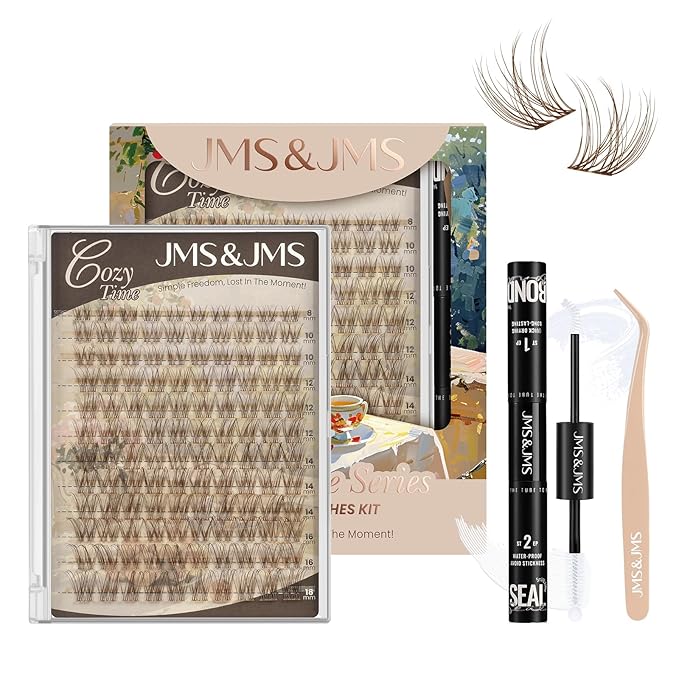 JMS&JMS Brown Venus Lash Clusters Kit, Velour Lash Clusters Wispy Natural Invisible Band Lash Extension Kit with Waterproof White Glue DIY at Home(Brown-Venus-C-8-18MIX)