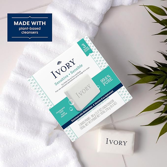 Ivory Sensitive Bar Soap, Designed for Whole Family, Fragrance Free, 99.44% Pure Formula, Plant-Based Cleanser, Made Without Heavy Perfume, Parabens & Phthalates, For All Skin Types, 3.17 oz (3 Count)