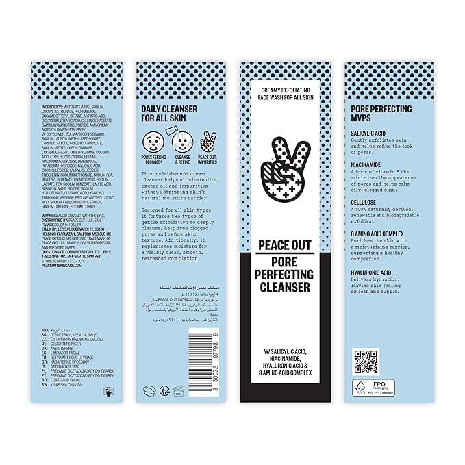 PEACE OUT Pore Perfecting Facial Cleanser, Daily Exfoliating Face Wash with Salicylic Acid, Niacinamide and Hyaluronic Acid to Help Unclog Pores and Improve Skin Texture (4 fl oz)