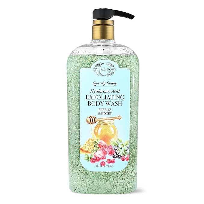 RIVER & ROWE Berries & Honey Exfoliating Body Wash – Hydrating Daily Cleanser with Hyaluronic Acid for a Comforting & Soft Skin Experience, Gentle Everyday Use Shower Gel for Women & Men, 33.8 Fl Oz