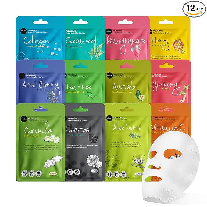 Celavi Essence Facial Sheet Face Mask Variety Set Classic Authentic Korean Moisturizing Skincare (12-Packs)