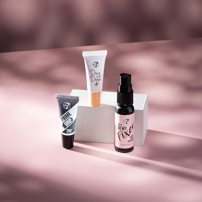 W7 Mini Glow Heroes Set - Travel Size Makeup Minis with Primer, Glow Drops & Setting Spray