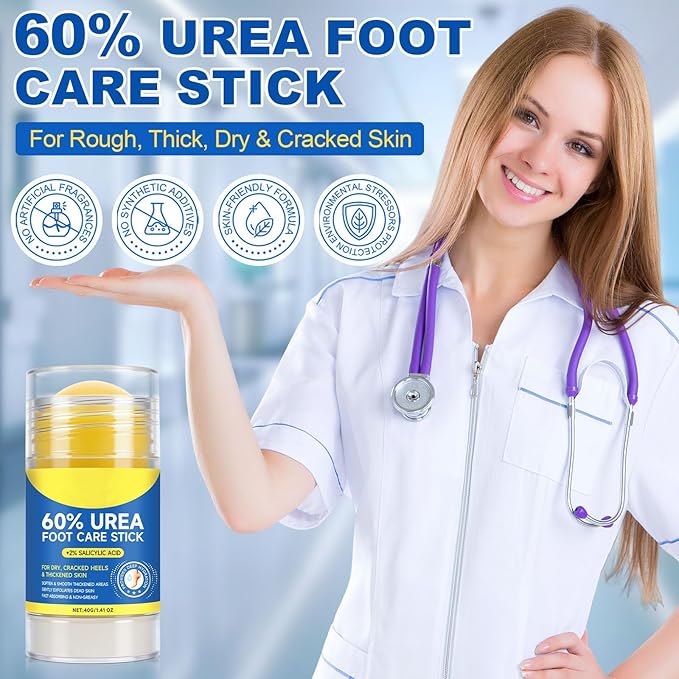 60% Urea Cream plus 2% Salicylic Acid Foot Care Stick, Deeply moisturizes rough skin and Gently exfoliates, Urea Foot Cream for Dry, Cracked Feet, Knees, Elbows and Hands, 1.4 oz (1 PCS)