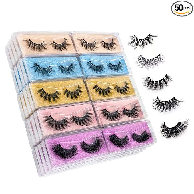 Wholesale Mixed Lashes Pack 3D Faux Mink Eyelashes 5 Style 50 Pairs Fluffy Volume Natural Charming Look Medium Length Eyelashes Cotton Band Handmade Reusable Soft False Eyelashes (5 styles-50 pairs)