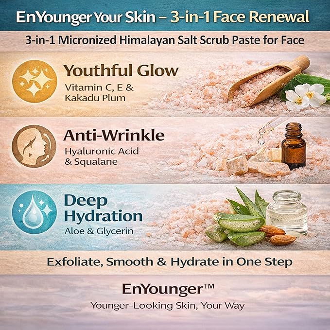 3-in-1 Micronized Himalayan Salt Scrub Paste for Face – 3 Skin Benefits: Younger Appearance, Deep Hydration & Anti-Wrinkle (10 oz / 283 g)