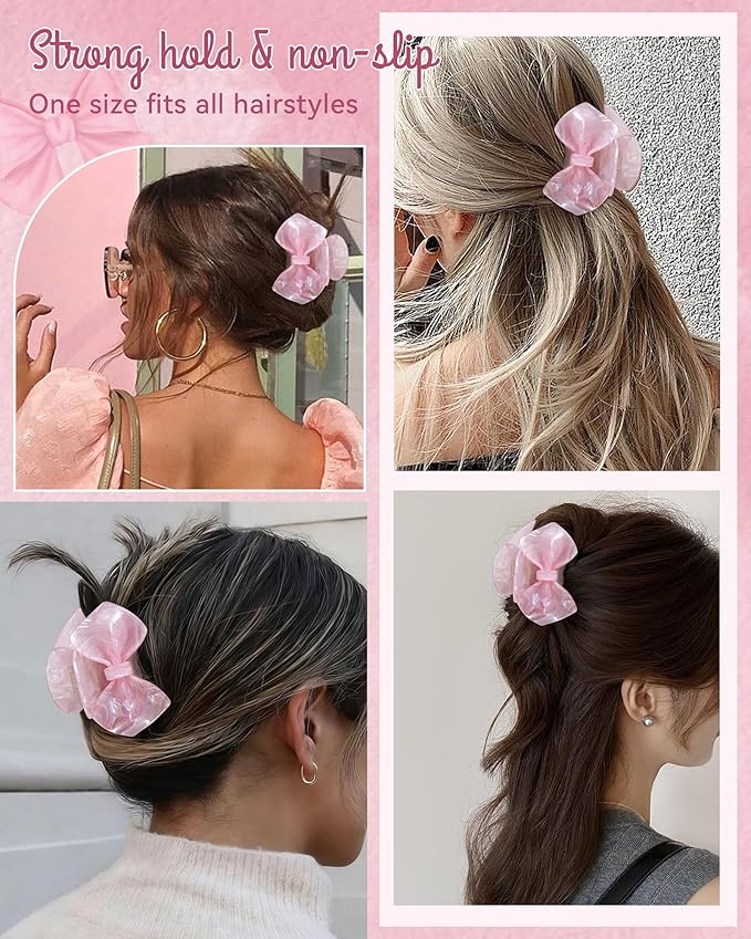 ACECHA Cute Bow Claw Clip - 3.1 Inch Sparkly Hair Claw Clips for Women, Non-slip Hairclips for Thin and Thick, Elegant Hair Accessories for Wedding Prom Party (Pink)