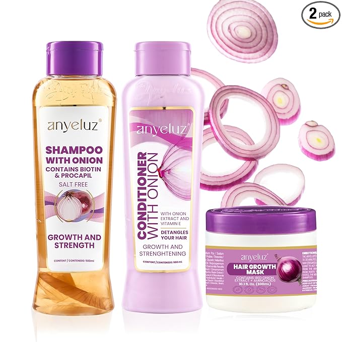 ANYELUZ Onion Shampoo, Conditioner and Hair Mask set, with Onion Extract and Vitamin E, Cleanses and Reduces Oiliness, for all Hair Types