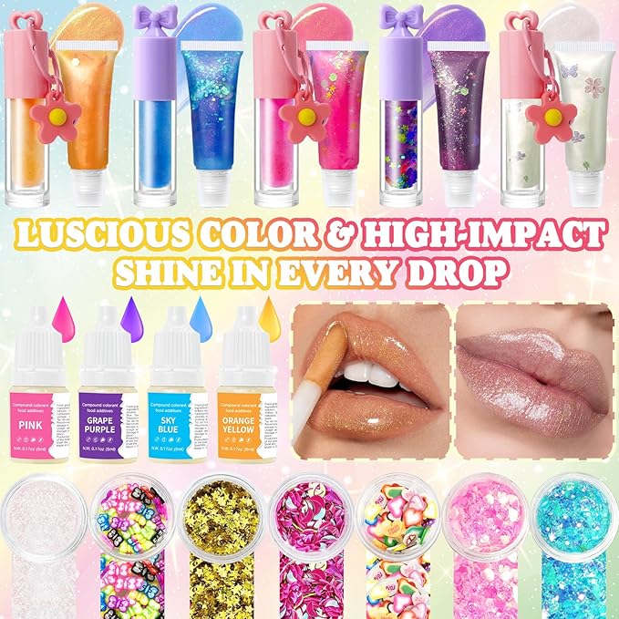 Thaluna Lip Gloss Making Kit, Lip Gloss Set for Women Lip Kit Fun DIY Lipgloss Making Kit, Make Your Own Lip Gloss Kit, Moisturizing Glitter Keychain Birthday Gifts Girls Trendy Stuff