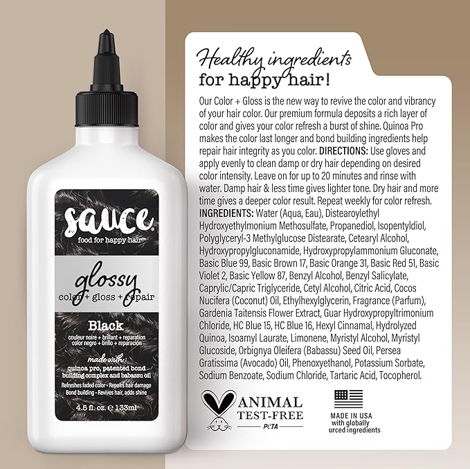 Sauce Beauty Glossy Color + Gloss + Repair, Black, Semi Permanent Hair Dye with Bond-Building and Color-Fade Protection Technology, Adds Shine & Deep Moisture, Lasts 4-8 Weeks, Stops Fade