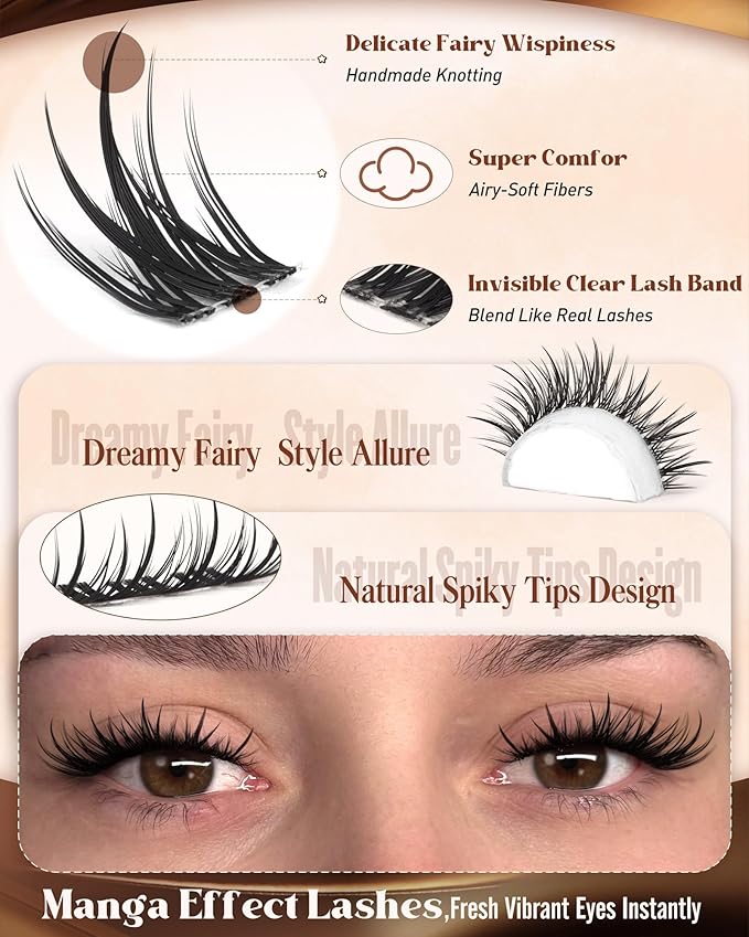 Wispy Lash Clusters Natural Manga Lash Clusters Anime Cluster Eyelash Extensions Fairy Spiky Individual Lashes C Curly Wet Look Lash Extensions with Invisible Band Beginner Friendly 8-16MM by zenotti