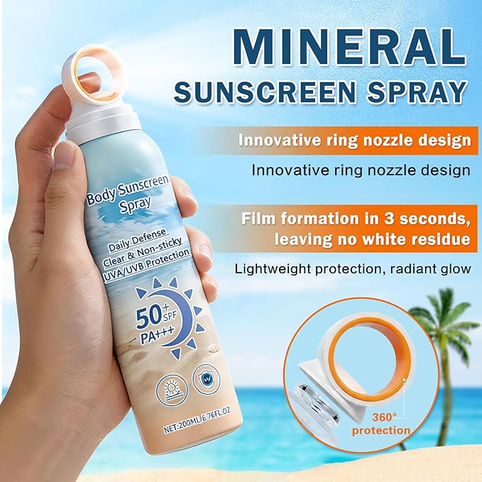 Mineral Sunscreen Spray SPF 50, Zinc Oxide Sunscreen Spray for Face & Body, Broad-Spectrum UVA/UVB Protection Sunscreen Mist Lightweight, Water-Resistant, Non-Greasy, 6.76 Fl Oz
