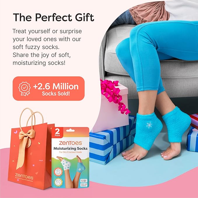ZenToes Moisturizing Socks for Cracked Heel Treatment, Vitamin E, Olive Oil and Jojoba Oil Infused Heel Socks, Spa Gifts for Women, Mothers Day Gifts (White & Blue Snowflake, Regular)