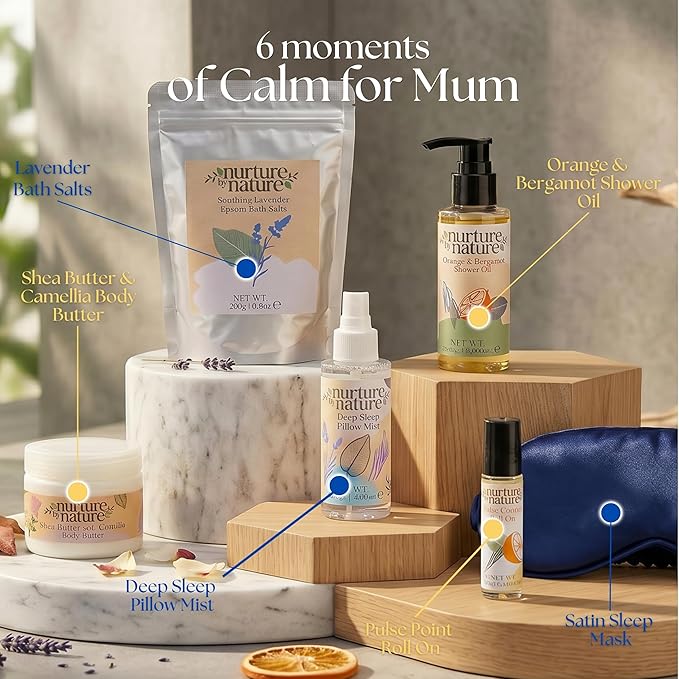 Nurture by Nature New Mom Self Care Gift Set with Body Scrub, Lavender Pillow Spray, Sleep Mask, Body Butter, Shower Gel & Bath Salts - Vegan Friendly - Stocking Stuffer, Baby Shower Gift Basket