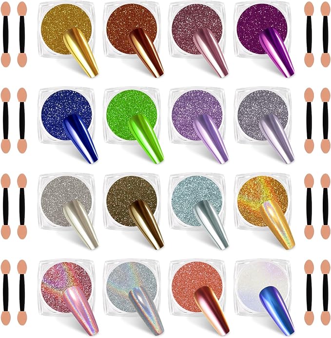 16 Jars Chrome Nail Powder Nail Art Glitter Decoration Metallic Mirror Effect Holographic Aurora Chameleon Pigment Powder Kit 0.35g/Jar Pearl for Resin Craft & Nail Art